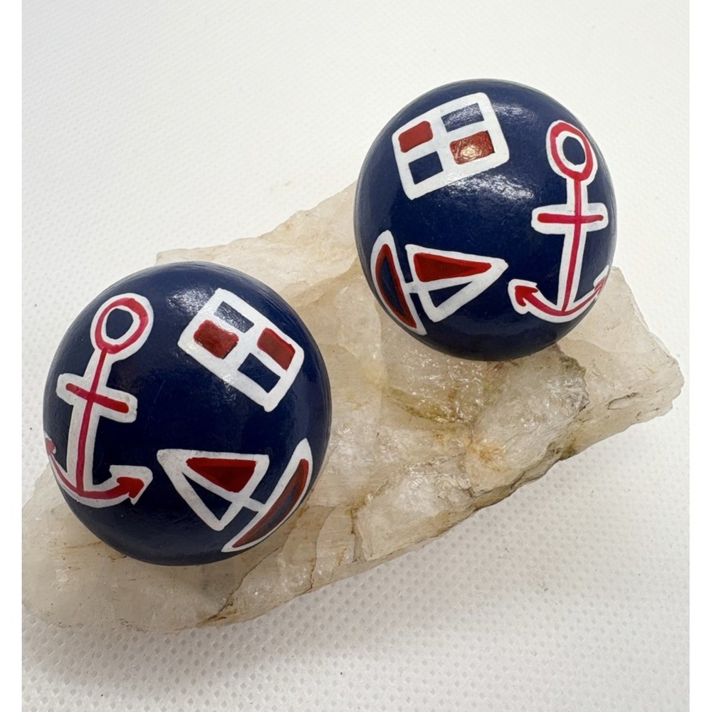 Vintage Hand-Painted Wooden Earrings Nautical Anchor Sailboat‎ Flag Dome Studs